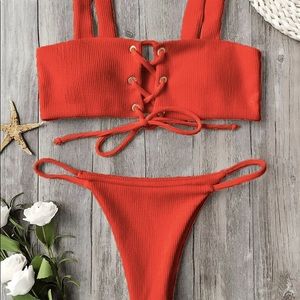 Red Lace Up Front Bikini Top and Bottom